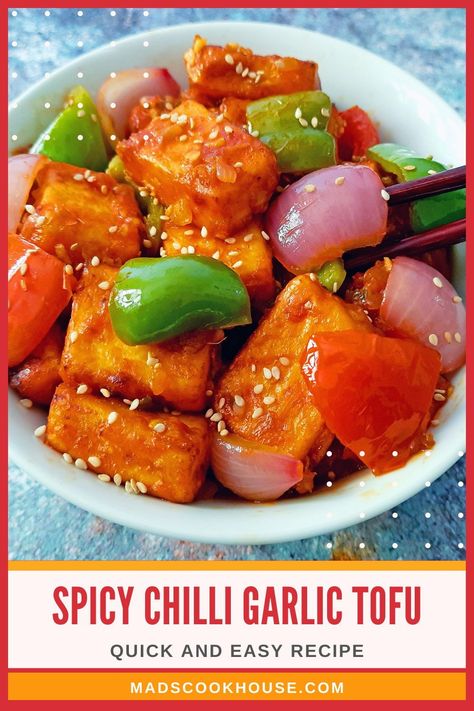 Tofu pieces coated in a lip-smacking sauce. Chilli Garlic Tofu is a quick and delicious fusion vegan recipe that will have you reaching out for more. #Vegan #Vegetarian #Appetizers Dinner Recipes Vegan, Garlic Tofu, Green Chilli Sauce, Spicy Chilli, Marinated Tofu, Tofu Recipe, Vegetarian Appetizers, Vegetable Puree, Recipes Vegan