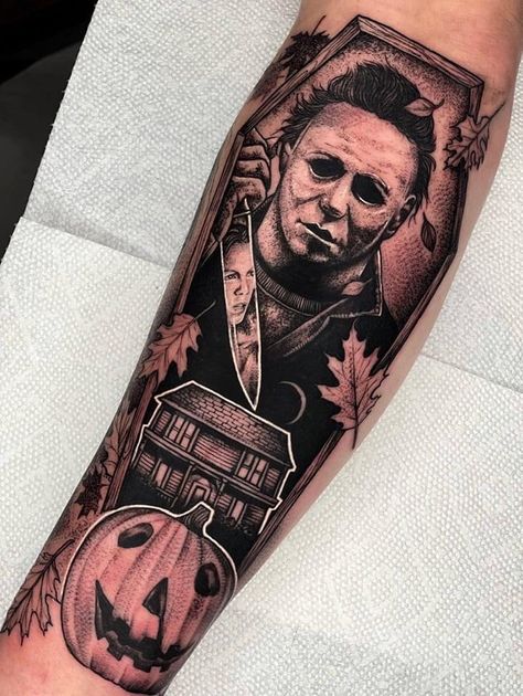 Slasher Movie Tattoo Sleeve, Michael Mayer Tattoo, Michael Myers Sleeve Tattoo, Michael Myers House Tattoo, Michael Myers Tattoo Halloween, Michael Myers Tattoo Stencil, Micheal Myers Tattoo Design, Horror Movie Sleeve Tattoo, Michael Meyers Tattoos