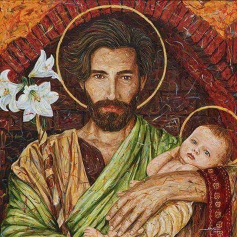 Saint Joseph holding baby Jesus Saint Joseph Art, St Joseph Catholic, Catholic Images, San Michele, Saint Joseph, Commissioned Artwork, Mary And Jesus, Holy Family, Catholic Art