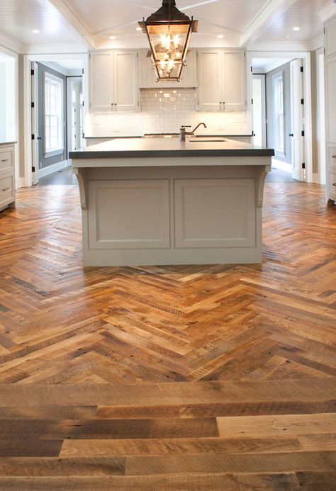 Herringbone Wood Floor - like herringbone in kitchen, straight in other room Light Floors Dark Cabinets, Dark Kitchen Floors, Light Grey Kitchen Cabinets, Light Wood Kitchens, Grey Kitchen Floor, Diy Wood Floors, Light Grey Kitchens, Light Gray Cabinets, Herringbone Wood Floor