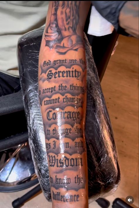 Bible Verse Tattoos For Men Arm Scriptures, Tattoo Ideas For Men Words, Tattoo Ideas For Men Bible Verse, Full Half Sleeve Tattoos, Outer Forearm Tattoo Men Ideas, Humble Tattoo Men, Outer Forearm Tattoo Men Unique, Bible Verse Tattoo Ideas, Lower Leg Tattoos For Men