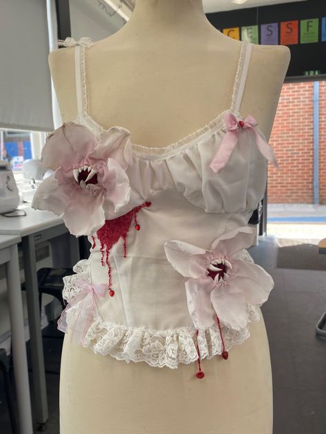 Textiles Dress Gcse, Gcse Textiles Final Piece Corset, Flower Inspired Fashion, Textiles Corset, Corset Textiles, Beaded Top Outfit, Flower Corset, Thrift Flip Ideas, Clown Costume Women