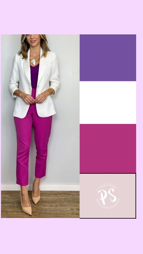 Purple Shirt Work Outfit, Fuschia Pants Outfit Work, Fucsia Outfit Combination, Magenta Outfit Color Combos, Purple Pants Outfit Work, Fuchsia Color Combination, Magenta Pants Outfit, Business Lunch Outfit, Outfits Fucsia