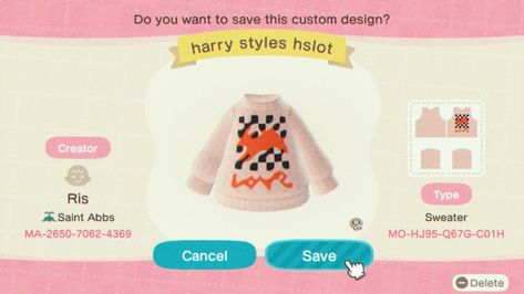 Acnh Harry Styles Designs, Acnh Harry Styles, Harry Styles Animal Crossing, Animal Crossing Codes Clothes, Acnh Custom Design Codes, Animal Crossing Music, Acnh Clothing Codes, Acnh Custom Codes, Acnh Fashion