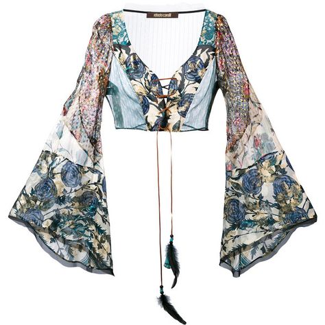 Roberto Cavalli floral lace front flared sleeve crop top found on Polyvore featuring tops, blue, lace crop top, blue crop top, beaded crop tops, sheer crop top and long-sleeve crop tops Teen Fall Outfits, White Lace Shirt, Blue Lace Top, Bell Sleeve Crop Top, Laced Up Shirt, Estilo Hippie, Sheer Lace Top, Elegante Casual, White Lace Top