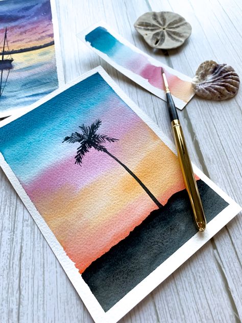 Water Colour Sunset Painting, 55 Very Easy Watercolor Painting Ideas For Beginners, Water Colours Painting Landscape, Watercolor Sunset Easy, Sunset Watercolor Painting Easy, Water Coloring Painting Ideas, Sunrise Watercolor Painting, Watercolor Paintings Landscape, Aquarelle Ideas