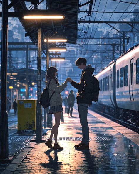 A touching scene where a couple ❤️ is saying goodbye at a train station, they are holding hands, looking into each other's eye, mix of emotions and hope... Train is in the background and the platform is bustling with activity, adding to the emotional weight of the moment. - ✫ ━━━━━━∙⋆⋅⋆∙━━━━━━ ✫ Follow ➠ @tech4vinay.ai ✫ ━━━━━━∙⋆⋅⋆∙━━━━━━ ✫ - - - #ailove #aiart #aiartcommunity #visionartai #stablediffusionai #midjourney #aitrend #artgallery Goodbye Illustration, Train Couple, Hug Illustration, Art Area, 2025 Vision, Book Writing, Book Writing Tips, Saying Goodbye, The Platform