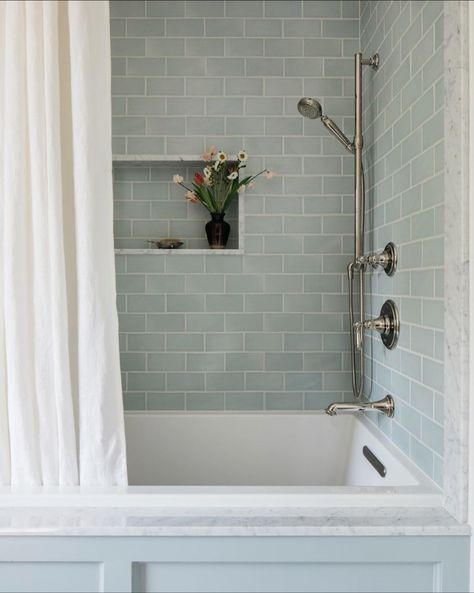 Small Deep Tub Shower Combo, Small Bathroom Ideas With Tub Farmhouse, Hall Bathroom Ideas With Tub, Marigold Bathroom, Farmhouse Tub Shower Combo, Bathtub With Shower Curtain, Bathtub Shower Combo Tile, Tiled Tub Shower Combo, Soaker Tub With Shower