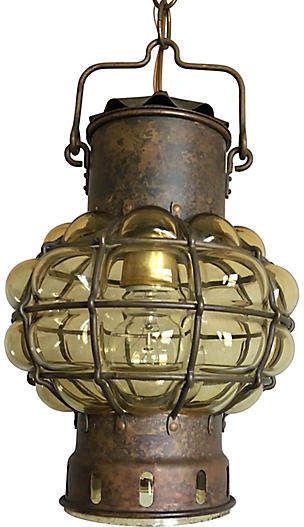 One Kings Lane Vintage Blown Glass Ship's Lantern - C the Light Interiors 1960s blown glass ship's lantern by Nulco Lighting featuring golden amber glass in a nautical-style bronze metal cage with one light. #ad #nautical #lantern #beachhouse Barge Interior, Nautical Lanterns, Old Lanterns, Copper Design, Retro Lamp, Mid Century Lighting, Metal Lanterns, Vintage Nautical, Antique Lamps