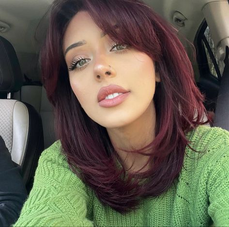 Medium Length Dark Red Hair, Short Mahogany Brown Hair, Burgundy Shoulder Length Hair, Maroon Shoulder Length Hair, Dark Cherry Red Hair Short, Brownish Red Short Hair, Red Shoulder Length Hair, Red Hair Short Bob, Brown Red Bob Haircut