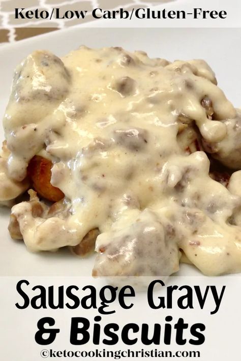 Sausage Gravy & Biscuits - Keto, Low Carb and Gluten Free An old Southern favorite turned Keto!  I use my same Keto Drop Biscuits recipe and top it with a wonderful sausage gravy. This recipe only takes about 15 minutes from start to finish and really satisfies! #ketorecipes #keto #lowcarb #ketodiet #ketogenicdiet #lowcarbbiscuits #ketogenic #lowcarbbiscuitsandgravy #glutenfreebiscuits #ketobiscuits #ketocookingchristian Keto Drop Biscuits, Gluten Free Sausage Gravy, Keto Gravy, Gravy Biscuits, Gravy And Biscuits, Breakfast Buns, Gluten Free Sausage, Drop Biscuits Recipe, Sausage Gravy And Biscuits