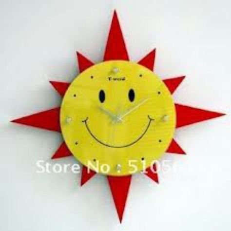 Sun Clock Cartoon Clock, Sun Cartoon, Sun Clock, Childrens Bedrooms, Sitting Room, Wall Clocks, Fused Glass, Wall Clock, Clock