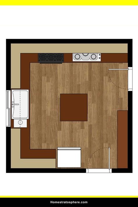 Big Square Kitchen, Tiny Kitchen Layout Floor Plans, Small Square Kitchen Layout, Kitchen Design For Small Space, Small Square Kitchen, Kitchen Island Placement, Square Kitchen Layout, Square Island, Small House Kitchen