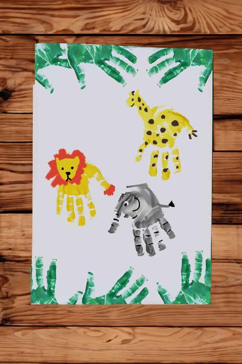 38 Fun & Easy Handprint Craft Ideas Kids Will Love Handprint Art Animals, Jungle Animal Handprint Art, Hand Print Jungle Animals, Hand Print Animals Preschool, Cheetah Handprint Art, Animals With Hand Prints, Jungle Animal Art For Toddlers, 1st Grade Animal Art, Handprint Animals For Toddlers