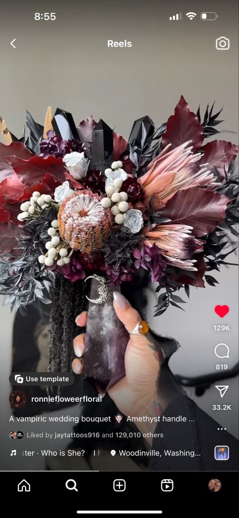 Alternative Wedding Flowers, Crystal Wedding Bouquet, Wedding Flower Alternatives, Flower Boquet, Samantha Wedding, Pink Goth, Crystal Bouquet, Goth Wedding, Dark Wedding