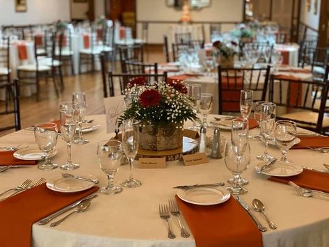 Burnt Orange And Gold Table Setting, Burnt Orange Wedding Place Setting, Fall Wedding Napkins Place Settings, Burnt Orange Weddings Ceremony Decor, Burnt Orange Wedding Decorations Table Settings, Round Table Wedding Decor Burnt Orange, Burnt Orange Round Table Setting, Centerpieces Wedding Burnt Orange, Burnt Orange Napkins Wedding