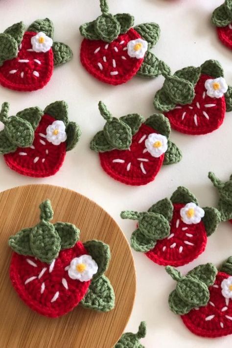 Strawberry appliques with leaves and flowers 😍 Save This Pin, Then Visit Our Website crochet baby blanket with appliques, winnie the pooh crochet appliques, crochet wall appliques, crochet xmas appliques, 3d crochet appliques, small crochet appliques free pattern, crochet lace appliques, how to sew appliques on crochet, easy crochet appliques, crochet christmas tree appliques Crochet Patches Applique, Winnie The Pooh Crochet, Pooh Crochet, Strawberry Crochet, 3d Crochet, Wall Appliques, Crocheted Stuff, Crochet Christmas Tree, Crochet Appliques