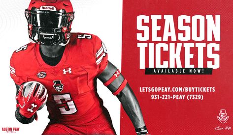 Season Ticket Design, Sports Countdown Graphics, Season Tickets Graphic, Football Ticket Design, College Football Schedule Graphic, Nba Gameday Graphics, Thursday Night Football, Clarksville Tennessee, Austin Peay State University