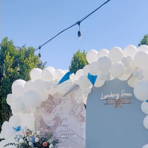 Something Extra Party Rentals on Instagram: "Landing soon 💙🌤️✈️ . . . . . . . . . #babyshower #babyboy #babyshowerideas #babyshowerdecor #babyshowerthemes #mommytobe #oncloud9 #landingsoon #planeparty #coachellavalleyparty #coachellavalleypartyrentals #partydecor #partyideas #partyplanner #partyrentals #palmspringpartyrentals #palmsprings #coachella #backdroprentals #somethingextra #beextra #laquinta #indiocalifornia" Landing Soon Baby Shower Theme, Airplane Party Decorations, 2nd Birthday Party For Boys, Planes Party, Adventure Baby Shower, Baby Shower Theme Decorations, Airplane Party, Palm Spring, Adventure Baby