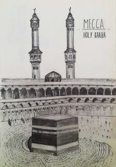 Kaaba Pencil Drawing, Mosque Drawing Islamic Art, Saudi Arabia Drawing, Kaaba Sketch, Islamic Drawings Art Pencil, Mecca Drawing, Makkah Drawing, Kaaba Drawing, Islamic Sketches