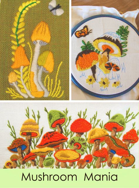 Crewel to be Kind :: Vintage Needlepoint – Modern Kiddo Vintage Needlepoint Patterns, 1970s Embroidery, Mushroom Dyeing, Embroidery With Wool, Embroidery Mushrooms, 70s Embroidery, Cozy Crafts, Vintage Crewel Embroidery, 70s Cottagecore