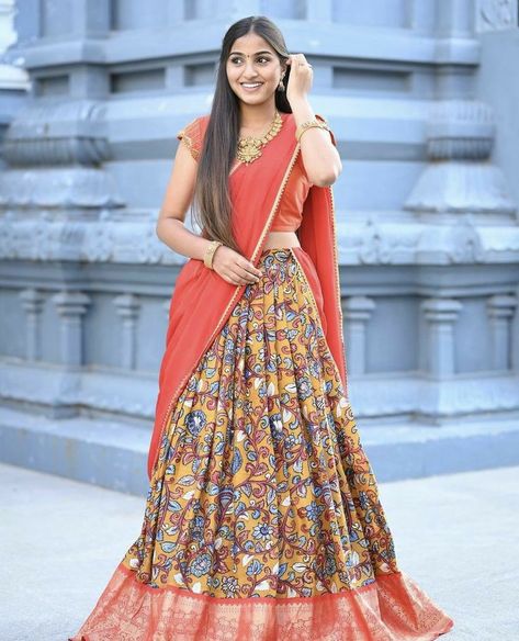 Half Saree Draping, Latest Half Saree Designs, Kalamkari Half Saree, Pattu Half Saree Designs, Half Saree Blouse Designs, Pattu Half Saree, Saree Designs Latest, Indian Long Dress, Engagement Lehenga