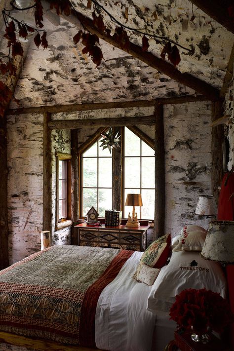 A guest room wallpapered in birch bark.   - HarpersBAZAAR.com Fairytale House, English Room, Fairytale Cottage, Cottage In The Woods, Cottage Bedroom, Cabins And Cottages, Mountain House, Log Homes, Cabin Decor