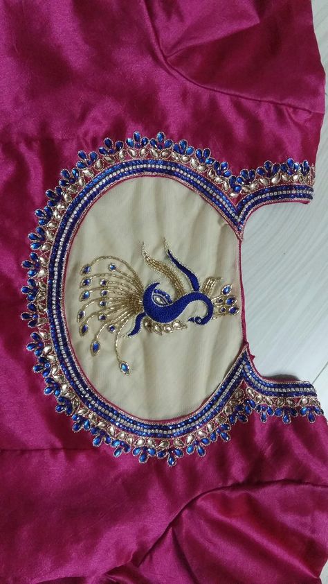 Hand embroidered on raw silk blouse wit peacock design...for mre info watsapp me at 9710350100 Work On Net Blouse, Chudidhar Designs, Embroidery Drawing, Pink Saree Blouse, Maggam Blouse, Designs Blouse, Raw Silk Blouse, Net Blouse, Net Design