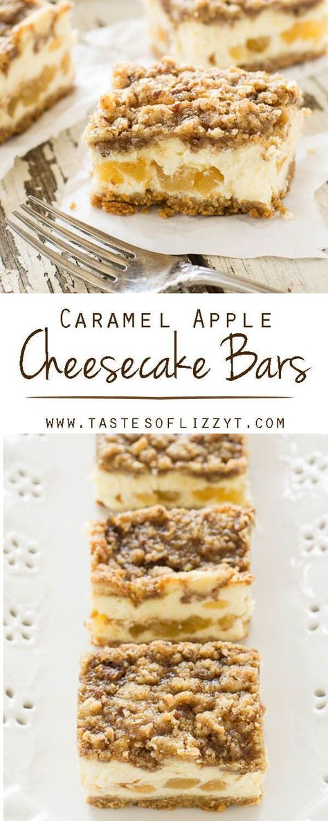 caramel apple cheesecake bars / cheesecake factory copycat Caramel apple cheesecake with a cinnamon graham cracker crust. recipe / cheesecake dessert / cheesecake bars with streusel / streusel topping via @tastesoflizzyt Carmel Cheesecake, Cinnamon Graham Cracker Crust, Baking Cheesecake, Cheesecake Factory Copycat, Apple Cheesecake Bars, Caramel Apple Cheesecake Bars, Caramel Dessert, Autumn Baking, Dessert Chef