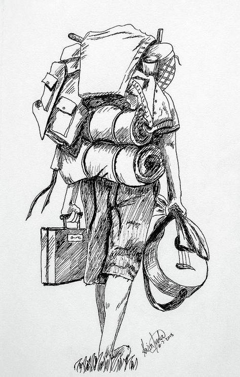 Bagpack Inktober, Nomadic Ink Drawing, Expedition Drawing Ideas, Backpack Ink Drawing, Trekking Sketch, Backpack Drawing Ideas, Expedition Sketch, Nomad Drawing, Backpacking Drawing