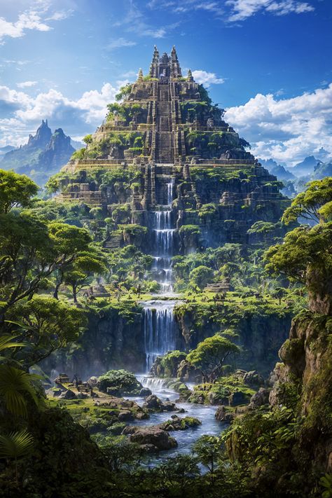 Jungle Temple, House Design Pictures, My Fantasy World, Fantasy City, Fantasy Places, Dungeons And Dragons Homebrew, Beautiful Locations Nature, Fantasy Art Landscapes, Environment Concept Art