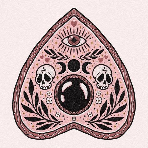 Ouija Planchette Art, Ouija Planchette Tattoo Simple, Witchy Art Ideas, Planchette Painting, Planchette Illustration, Cute Skull Illustration, Ouija Planchette Drawing, Planchette Drawing, Oujia Planchette