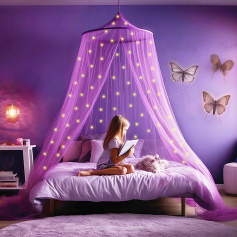 PRICES MAY VARY. Polyester GLOW IN THE DARK STARS! Light up your bedroom with our canopy bed curtains. Let unicorns absorb light, make room completely dark and enjoy the galaxy! PURPLE GIRLS ROOM DECOR! Our decorative canopies are designed with one overlapping opening for ease of entrance and provide a luxurious or cozy bedroom atmosphere. SETUP IN SECONDS! Free hanging kit included, hang the bed canopy in seconds with the adhesive ceiling hook. Our canopy size is 400 x 90 x 22 inch, weighs 0.9 Kids Purple Bedroom, Unicorn Room Decor Kids Girls Bedroom, Disney Bedroom Decor, Girls Purple Bedroom, Unicorn Bedroom Ideas Kid Rooms, Girls Bedroom Purple, Purple Kids Bedroom, Purple Canopy, Girl Bedroom Designs For Kids