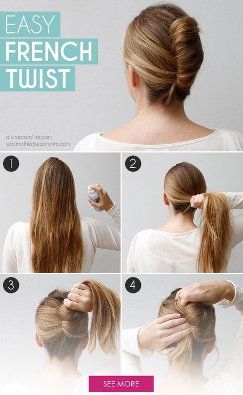 French Twist Updos Simple, Coque Banana, French Twist Hairstyle, Simple Elegant Hairstyles, French Roll Hairstyle, Easy French Twist, Twist Hairstyle, Hair Updos Tutorials, Up Hairdos