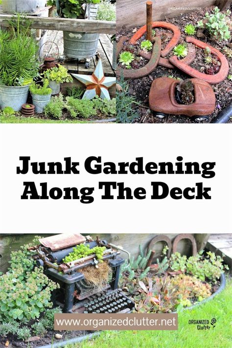 Sharing my container garden, plant choices, and junk decor ideas for outdoor decor along your deck! #junkgarden #gardenjunk #rusticgarden #containergarden Junk Garden Ideas Repurposed, Garden Ideas Recycled, Junk Decor, Wedding Garden Decoration, Creative Upcycling, Junk Garden, Deck Landscaping, Outdoor Garden Ideas, Garden Transformation