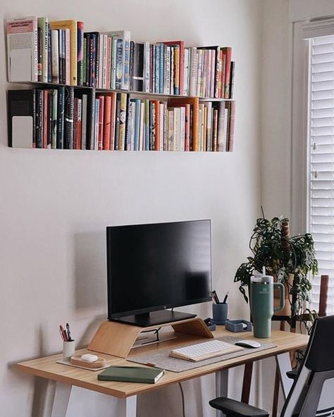 [Ad] Jenna On Instagram: 'Office Space Refresh Reveal! Recently I Took Some Time To Make Over My Desk Space With The Help Of @Teebooks.Design.Shelves, Who Gifted Me A Set Of Floating Bookshelves For Above My Desk. I Work From Home, So I Spend A Lot Of Time Sitting In This Space. It Feels So Much Better Now - More Intentional, More Calm, And Of Course, More Bookish. Swipe For The Before/During - Though My Ikea Kitchen Table From 2012 Served Me Well #ikeafloatingbookshelves Floating Bookshelves Above Desk, Ikea Kitchen Table, Shelves Above Desk, Halloween Promotion, Design Shelves, Hanging Bookshelves, Instagram Office, Floating Bookshelves, Desk Goals