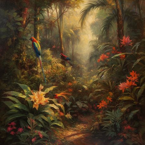 Tropical Rainforest Painting, Tropical Princess, Jungle Images, Paradise Painting, Jungle Painting, Background Reference, African Jungle, Jungle Flowers, Paradise Flowers