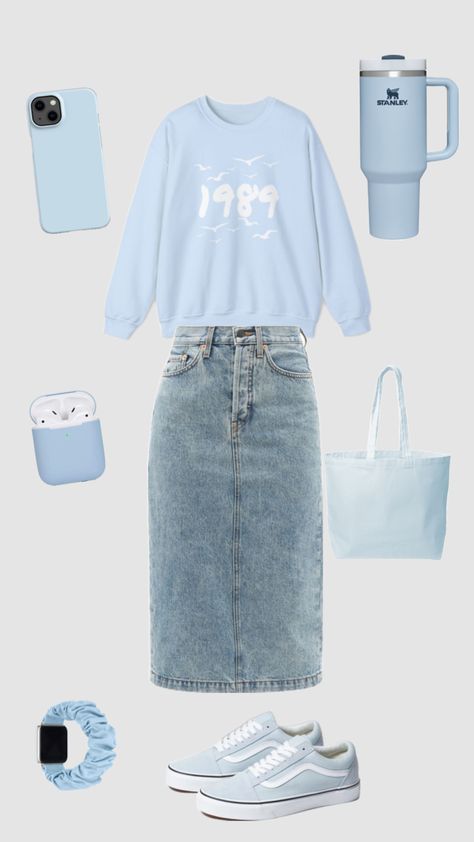 Light Blue Skirt Outfit, Midi Denim Skirt Outfit, Blue Casual Outfit, Denim Skirt Outfit Ideas, Denim Midi Skirt Outfit, Blue Skirt Outfits, Light Blue Skirt, Cute Church Outfits, Midi Denim Skirt