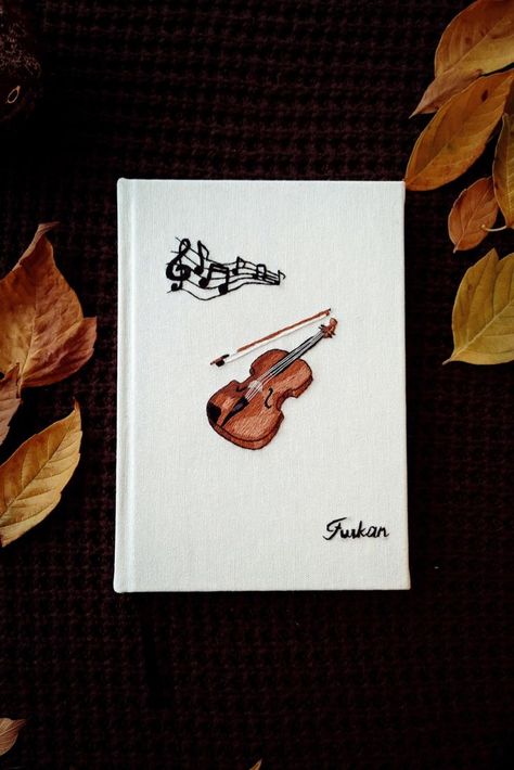 Violin Embroidery, Embroidery Notebook, Embroidery Icons, Flower Drawing Design, Print Planner, With My Love, Handmade Notebook, Fabric Colour, Handmade Embroidery