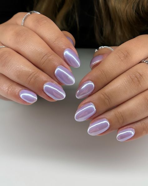 idk how i haven’t done this color before?? we used an iridescent purple from @vbeautypure with white chrome over! so contemplating doing this for me next set 🤭 gel overlay using @luminary_nail_systems multi-flex base in clarity purple base is 067 from @vbeautypure 💜 #nails #nailart #nailsofinstagram #manicure #nailsoftheday #gelnails #beauty #nailsart #nail #nailsdesign #naildesign #vbeautypure #nailtech #nailstagram #naildesigns #apresgelx #nailstyle #nailsnailsnails #nailartist #nailpoli... Alzheimer’s Awareness Nails, Purple Nails Iridescent, Purple Glaze Nails, Purple Chrome Short Nails, Purple Cat Eye French Tip Nails, Milky Lavender Chrome Nails, Pastel Chrome Nails Designs, Purple French Tips Chrome, Purple Nails Gradient