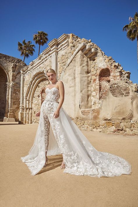 Casablanca Bridal Gowns, Casa Blanca Wedding Dress, Wedding Pantsuit, Sweetheart Top, Detachable Skirt, Casablanca Bridal, Bridal Jumpsuit, Wedding Jumpsuit, Unique Bride