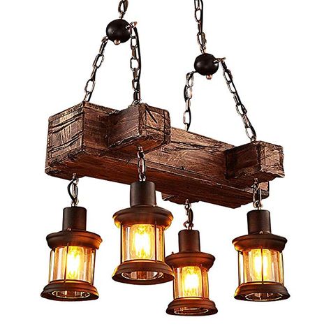 LADIQI Industrial Vintage Wooden Hanging Pendant Light Retro Loft Lantern Chandelier 4 Lights Suspension Lighting Fixture for Coffee Shop Restaurant (Style A) Wood Chandelier Rustic, Wood Deco, Country Chandelier, Island Light Fixtures, Chandelier Creative, Wooden Chandelier, Lantern Chandelier, Wooden Pendant Lighting, Wooden Lanterns