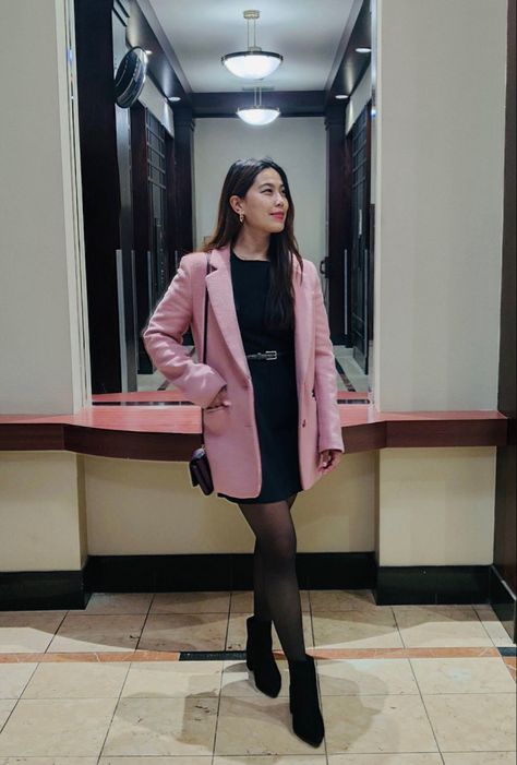 Pink coat, dress, chelsea boots, tights, night, dinner, date, friends Chelsea Boots Tights, Dinner Date Friends, Pink Coat Dress, Dress Chelsea Boots, Vans Style, Petite Style, Pink Coat, Different Seasons, Dinner Date