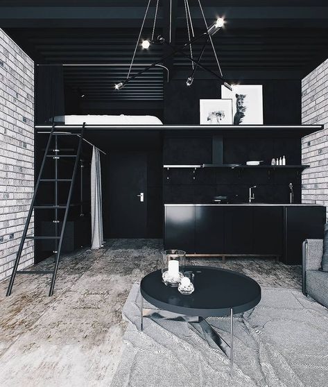 INDOOR BLACK | Interior design on Instagram: “◾| Black Studio Apartment designed by MOCCA. | 📸 by @home.scenery” Loft Designs, Interior Design Examples, Studio Apartment Design, Black Studio, Minimal Interior Design, Loft Interior, Black Interior Design, Vintage Farmhouse Kitchen, Loft House