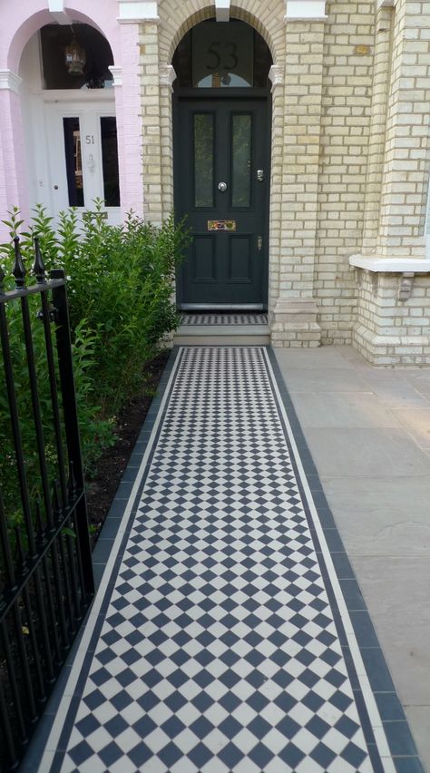 Front House Makeover, Front Door Tiles, House Pathway, Victorian Terrace Front Garden, Verandah Tiles, Path Tiles, Black White Tiles, Front Garden Entrance, Front Garden Path