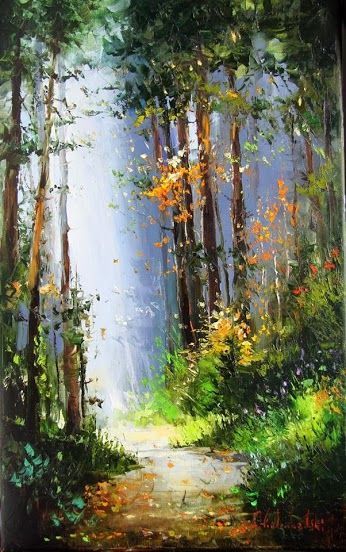 Sumer forest. Oil painting. Green forest. Forest trail. Sumer day. Beautiful nature. Dense forest. Abstract art. Nature. Blooming grass Cleaning Oil Paintings, Cherry Blossom Wall Art, Forest Drawing, Oil Painting Pictures, Watercolor Clouds, Watercolor Pictures, Nature Drawing, Watercolor Trees, Oil Painting Flowers