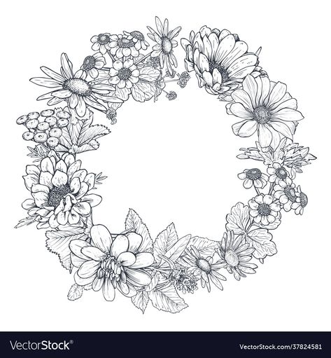 Flower Circle Drawing, Flower Wreath Drawing, Felt Burning, Flowers In Circle, Circle Drawings, Burning Hats, Floral Wreath Drawing, Wreath For Wedding, Wreath Vector