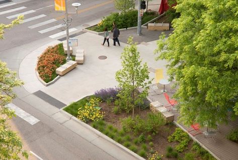 Streetscape Design Sidewalks, Dark Pavers, Steel Planter Boxes, Blade Signage, Urban Streetscape, Cor Ten Steel, Streetscape Design, City Traffic, Architecture Foundation