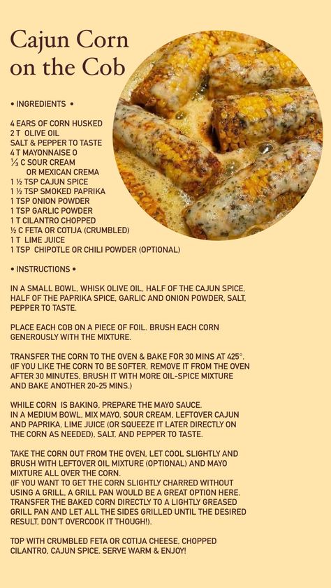 Cajun Corn On The Cob, Cajun Corn, Corn Recipes Side Dishes, Simple Family Meals, Homemade Cookbook, Cajun Food, Soul Food Dinner, Cookout Food, Corn On The Cob