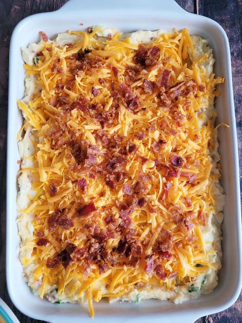 Loaded Baked Potato Casserole | A Wicked Whisk Loaded Mashed Potato Casserole, Loaded Baked Potato Casserole, Potatoes Crispy, Mashed Potato Casserole, Twice Baked Potatoes Casserole, Potato Side Dish, Loaded Mashed Potatoes, One Potato, Baked Potato Casserole